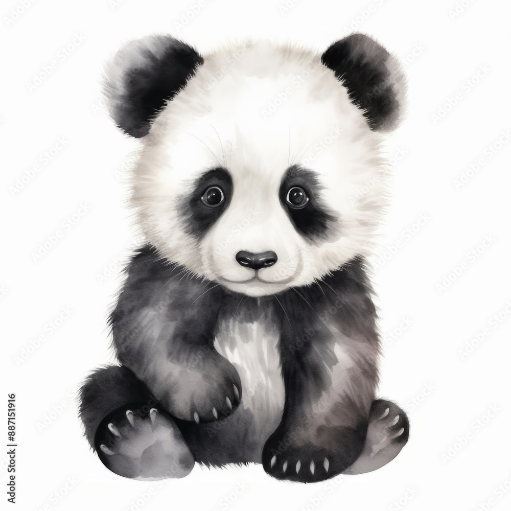 A small panda cub sits on a white background, looking directly at the viewer A small panda cub sits on a white background, looking directly at the viewer