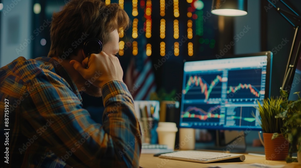 Man sitting at a desk looking at stock market crash on the computer screen Man sitting at a desk looking at stock market crash on the computer screen