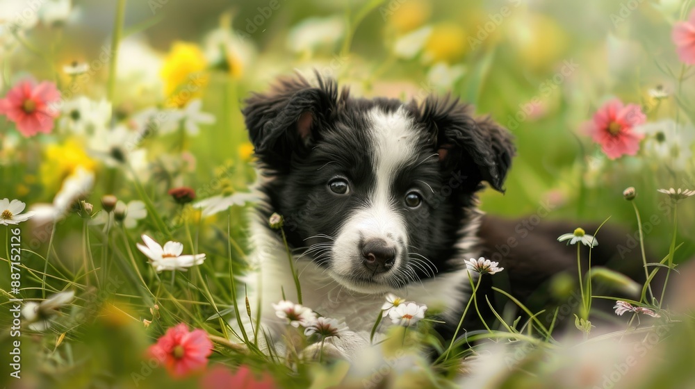 Border collie puppy resting in a field of flowers Border collie puppy resting in a field of flowers