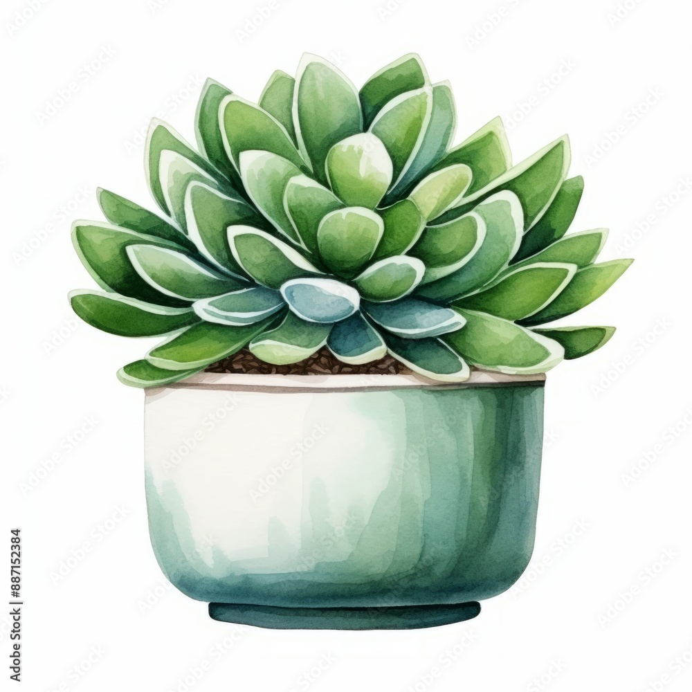 A watercolor painting of a succulent plant in a blue and white pot, against a white background A watercolor painting of a succulent plant in a blue and white pot, against a white background