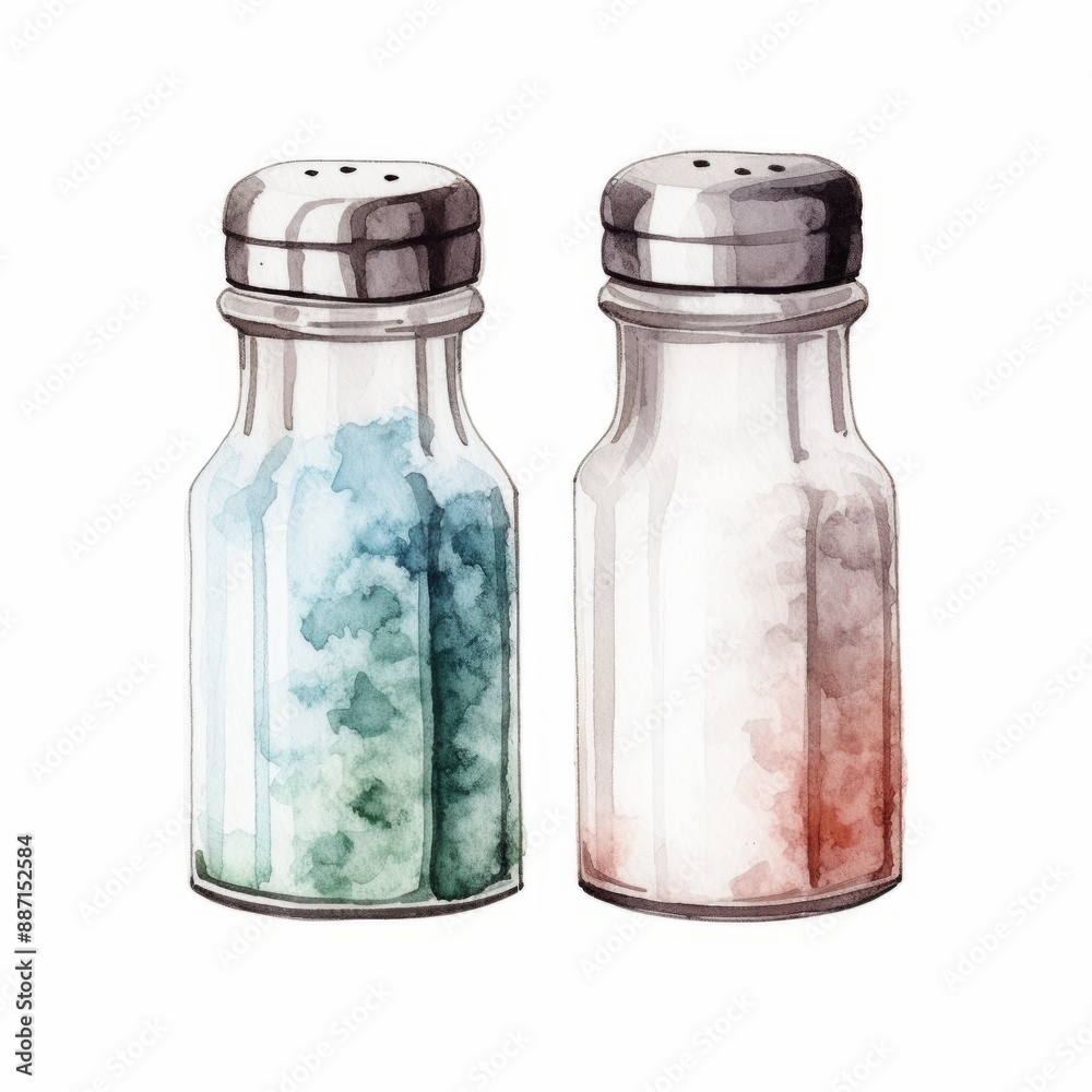 A watercolor painting of two glass salt and pepper shakers on a white background A watercolor painting of two glass salt and pepper shakers on a white background