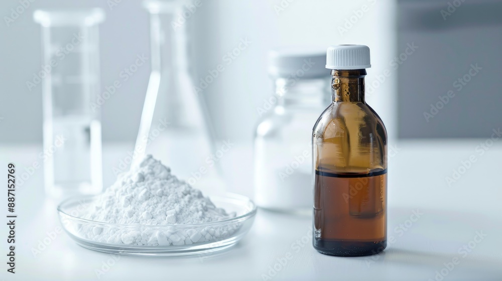 Selective focus on bottle of benzoic acid next to petri dish with solid powder on white lab background Selective focus on bottle of benzoic acid next to petri dish with solid powder on white lab background