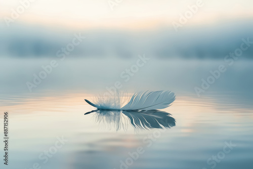 serene white feather floating on tranquil water at dawn