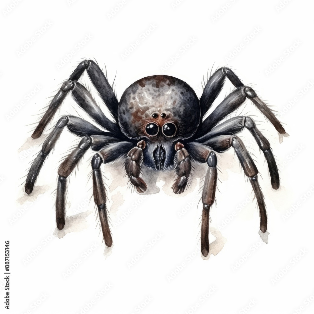 A watercolor painting of a black spider with eight legs against a white background A watercolor painting of a black spider with eight legs against a white background