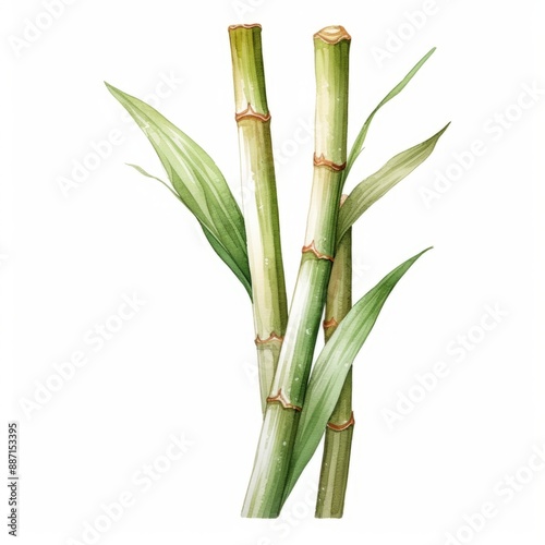 A watercolor painting of three sugarcane stalks with leaves against a white background photo