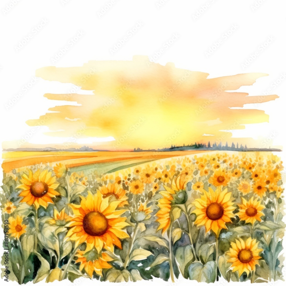 Fototapeta premium A watercolor painting of a field of sunflowers facing the setting sun