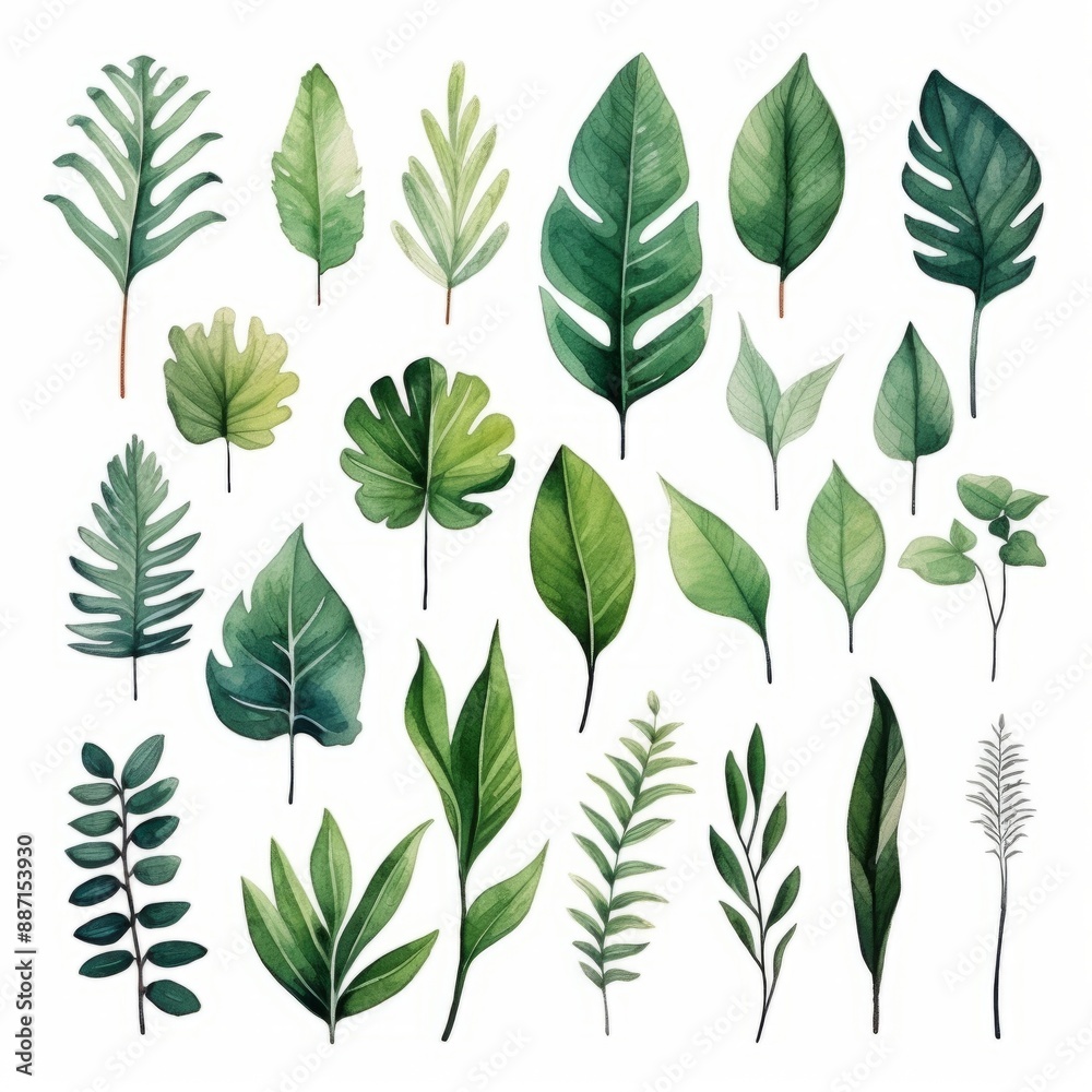 A collection of twenty-five green leaves, painted in watercolor on a white background