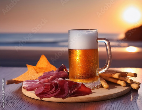 Cold beer and snacks on a wooden table on the beach at sunset photo