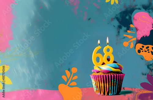 Birthday cupcake with number sixty-eight candle photo