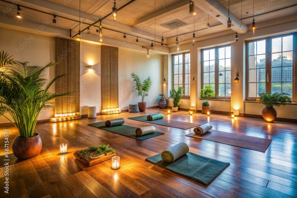 custom made wallpaper toronto digitalSerenene studio ambiance with dimmed lighting, calming colors, and traditional yoga props, awaiting the instructor and students for a harmonious practice session.