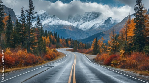 Serpentine mountain road, lush greenery and blue sky. Scenic route natural landscape, travel adventure concept.