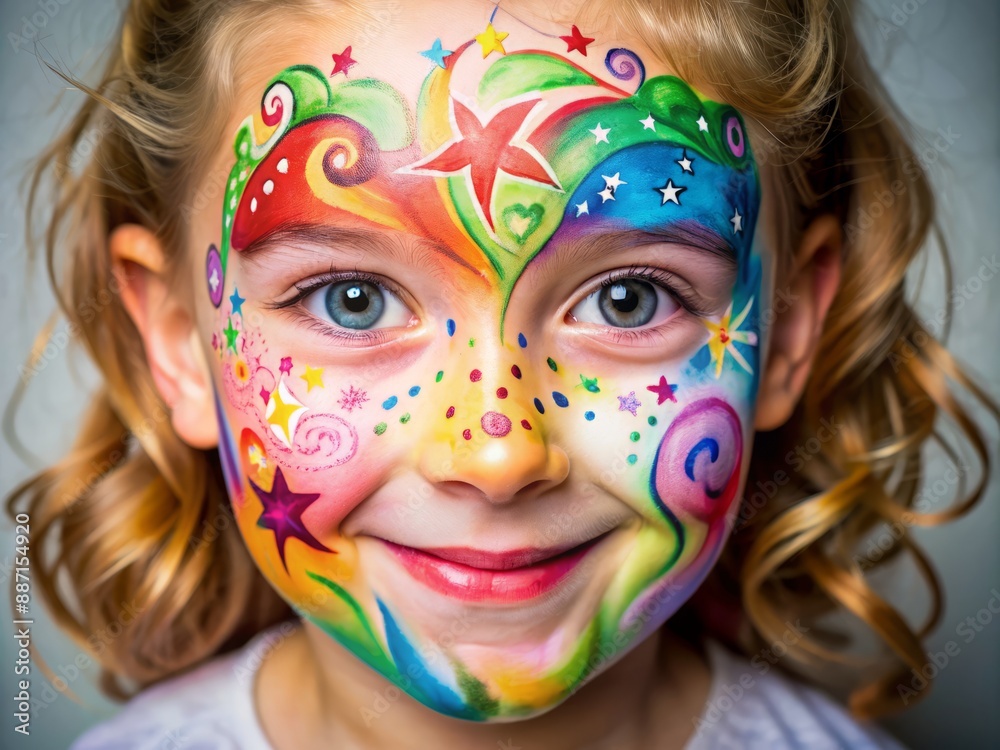 Vibrant face painting design on a blank canvas, featuring colorful swirls, stars, and animals, perfect for a fun and playful kids party or festival theme. Vibrant face painting design on a blank canvas, featuring colorful swirls, stars, and animals, perfect for a fun and playful kids party or festival theme.
