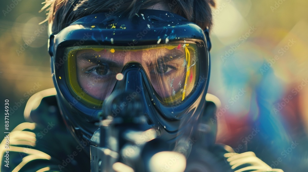 man playing paintball with helmet and gun man playing paintball with helmet and gun