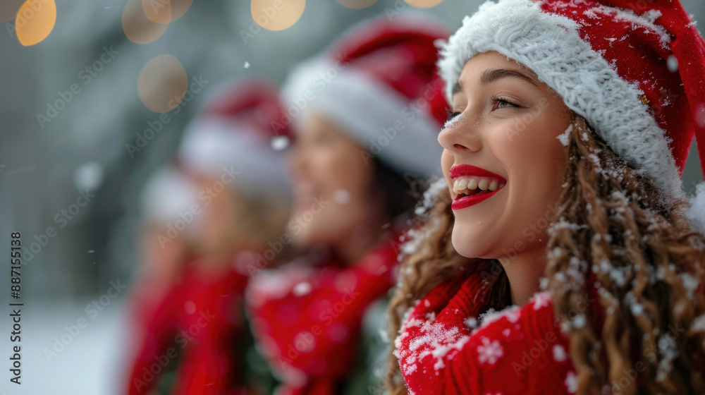 Joyful woman wearing a Santa hat, smiling and enjoying a snowy outdoor Christmas celebration with friends. Joyful woman wearing a Santa hat, smiling and enjoying a snowy outdoor Christmas celebration with friends.