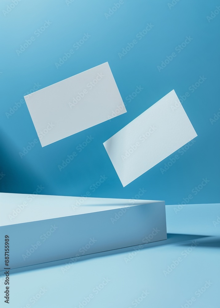 Two blank business cards floating on solid blue background, mockup template stock illustration Two blank business cards floating on solid blue background, mockup template stock illustration
