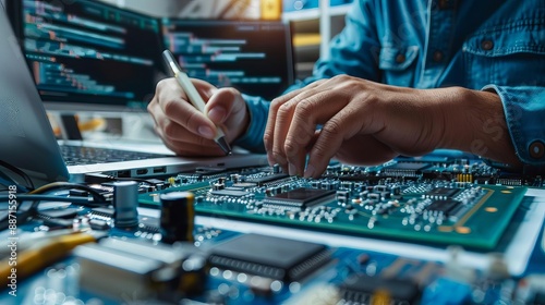 Electronic Print Circuit board PCB Design Engineers designing a PCB layout on advanced CAD software