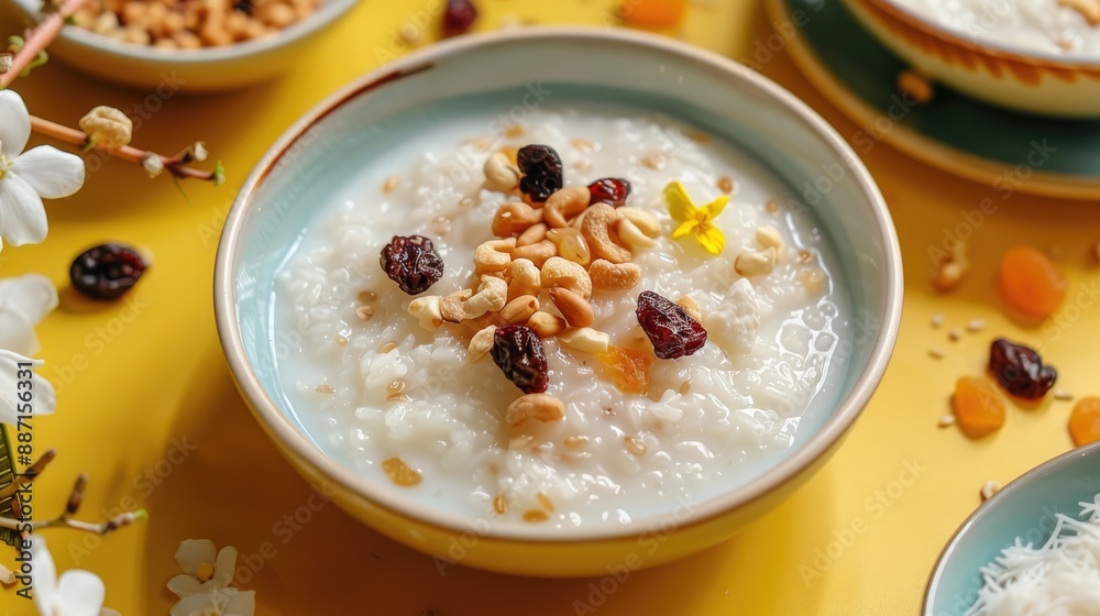 a plate of rice porridge in coconut milk with dried fruits on a yellow table