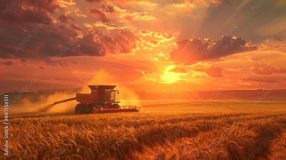 Fototapeta premium Combine harvester dumps harvested wheat into truck Farm scene farming harvest season at sunset