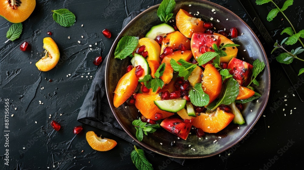 Dietary fruit salad with green salad fresh persimmon and mint Dietary fruit salad with green salad fresh persimmon and mint