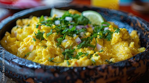 Traditional Yucatan food Scrambled eggs with chaya photo