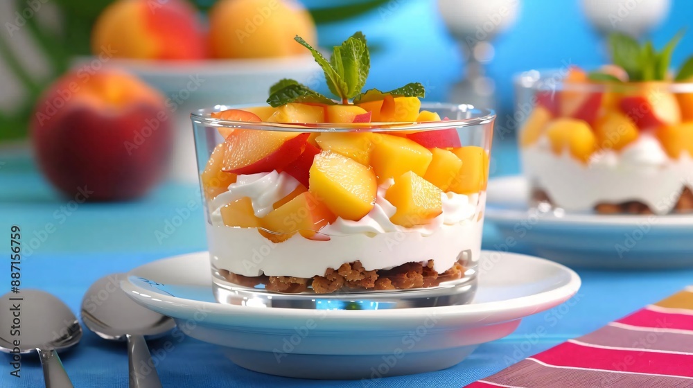 Delicious peach dessert with whipped cream and biscuit crumbles being served on a table Delicious peach dessert with whipped cream and biscuit crumbles being served on a table