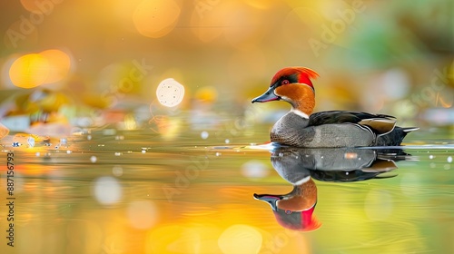 The red crested pochard is swimming in the pond its bright coloring reflected in the calm water Graceful movements create a beautiful sight inviting you to enjoy the beauty of nature photo