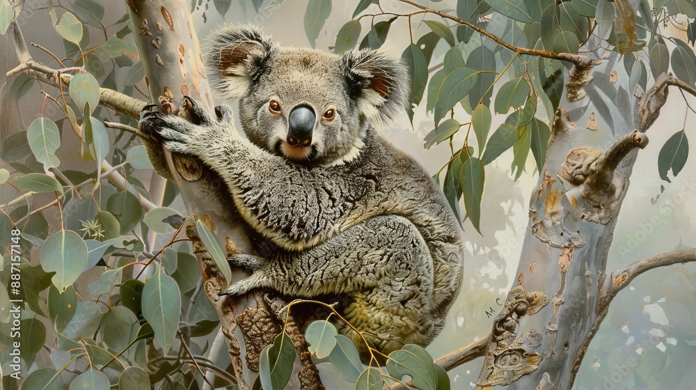 Fototapeta premium Koala climbing an eucalyptus tree