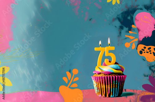 Birthday cupcake with number seventy-five candle