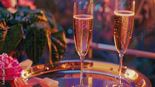 view of a couple of glasses of champagne on a tray at a party photo