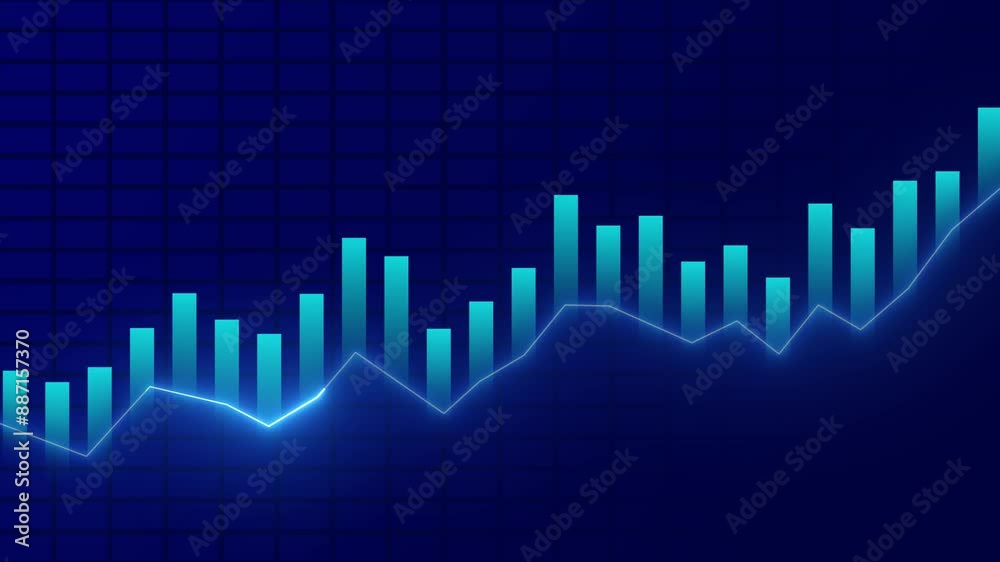 Glowing blue bar and line chart on a dark grid background, ideal for financial and tech animations. Glowing blue bar and line chart on a dark grid background, ideal for financial and tech animations.