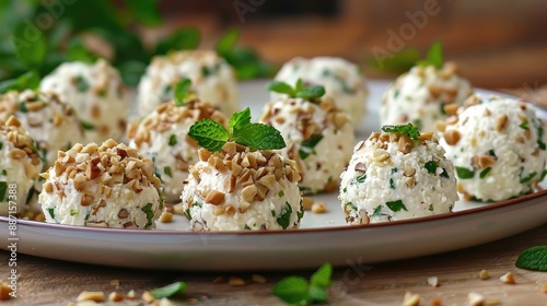 Mini cream cheese balls with mint covered in chopped nuts served on a plate photo