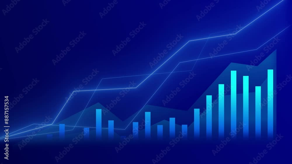 Glowing blue bar and line charts on a dark background, ideal for financial and stock market animations. Glowing blue bar and line charts on a dark background, ideal for financial and stock market animations.