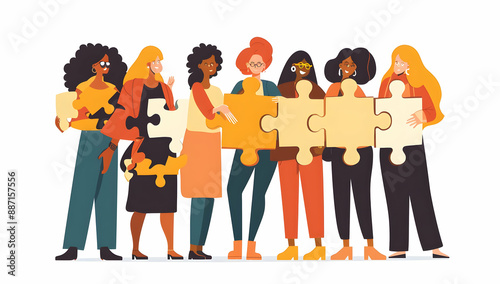A diverse group of women fitting puzzle pieces together, symbolizing teamwork, collaboration, and unity.