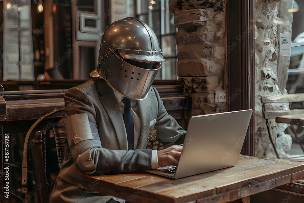 A person in a business suit wearing a medieval knight helmet uses a laptop at a rustic cafe, blending modern tech with historical armor. A person in a business suit wearing a medieval knight helmet uses a laptop at a rustic cafe, blending modern tech with historical armor.