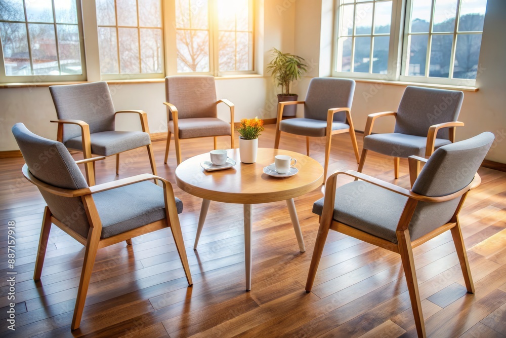 Circle of chairs in a serene room, a few empty cups and a box of tissues on a coffee table, conveying a sense of anonymous support.