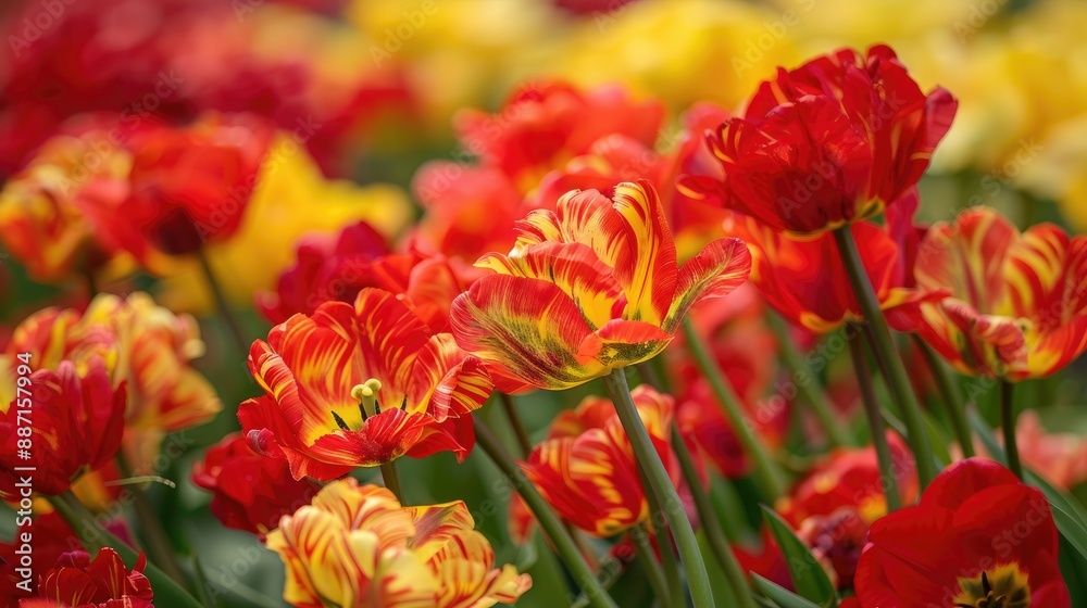 A vibrant field of red and yellow parrot tulips in full bloom showcasing the beauty of spring in a colorful garden landscape A vibrant field of red and yellow parrot tulips in full bloom showcasing the beauty of spring in a colorful garden landscape