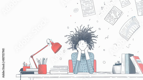 woman sits at a cluttered desk with a lamp, books, and papers flying around, depicting a chaotic work environment and overwhelming tasks