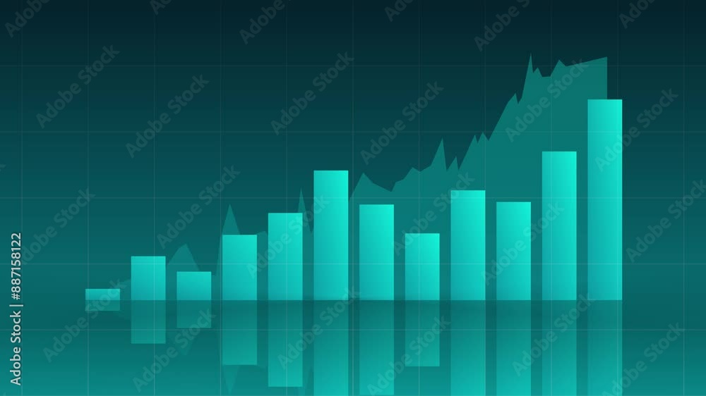 Teal financial chart showing steady upward trend with bars and glowing line. Teal financial chart showing steady upward trend with bars and glowing line.