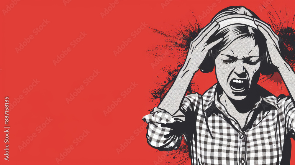 Fototapeta premium A woman screaming and holding her head, with a red background, representing frustration and stress.