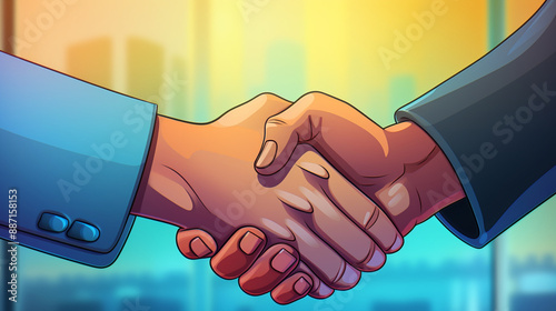 An extreme close-up handshake depicted in a vividly colorful cartoon style