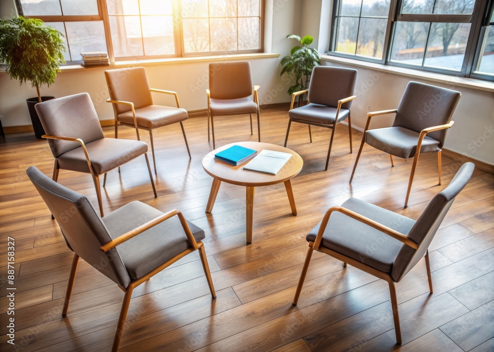 Empty chairs surround a vacant therapist's seat, a few scattered notebooks and a calm atmosphere convey a sense of safe space for sharing emotional struggles. Empty chairs surround a vacant therapist's seat, a few scattered notebooks and a calm atmosphere convey a sense of safe space for sharing emotional struggles.