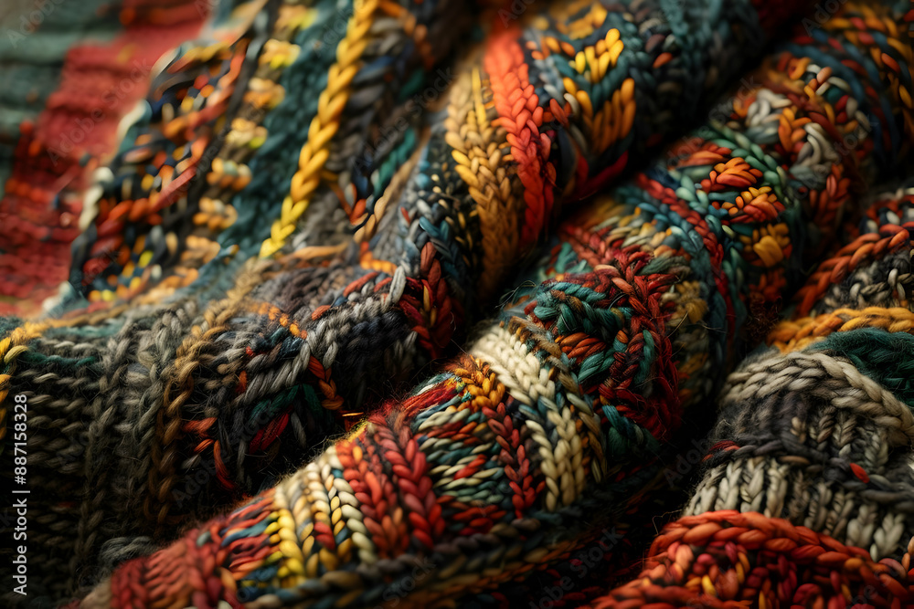 Close-up of colorful knitted woolen fabric, showcasing intricate patterns and textures. Perfect for background or textile design purposes. Close-up of colorful knitted woolen fabric, showcasing intricate patterns and textures. Perfect for background or textile design purposes.
