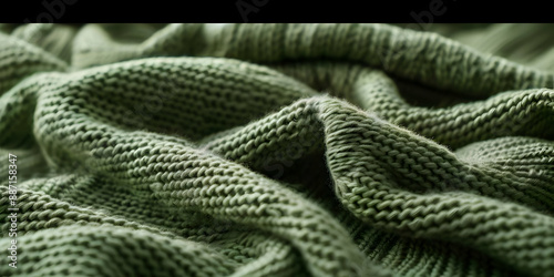 Close-up of green knitted fabric showcasing soft texture and folds, perfect for textile and fashion-related projects.