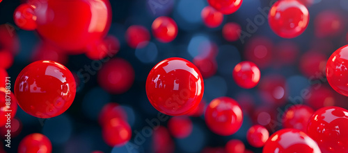 Close-up of shiny red spheres floating against a dark blurred background. Abstract and vibrant representation of floating bubbles. photo