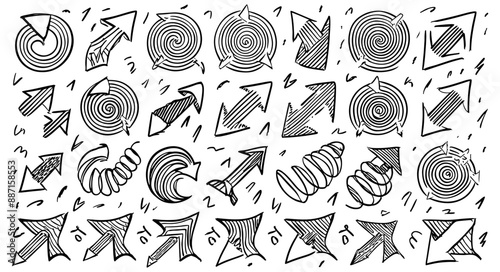 Arrow vector hand drawn sketch icon set. Doodle sketch hand drawn direction element set. Pencil doodle flat line design cartoon elements. Scribble swirl arrow sign. Vector illustration