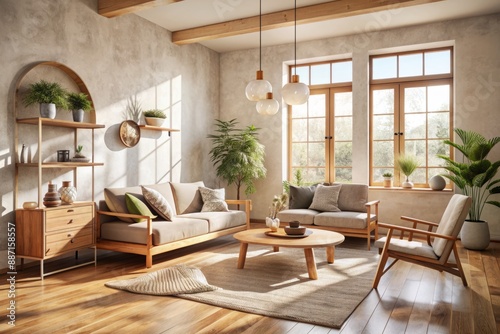 Sunny Scandinavian-inspired Japandi living room with creamy plaster walls, wooden accents, and minimal decor, bathed in soft natural light streaming through floor-to-ceiling windows.