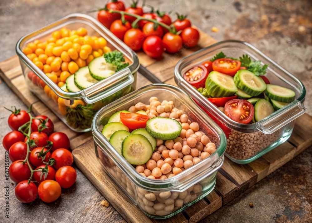 Freshly prepared healthy meal containers filled with chickpeas, chicken, tomatoes, cucumbers, and avocados on a beige rustic background, promoting zero waste and sustainable living. Freshly prepared healthy meal containers filled with chickpeas, chicken, tomatoes, cucumbers, and avocados on a beige rustic background, promoting zero waste and sustainable living.