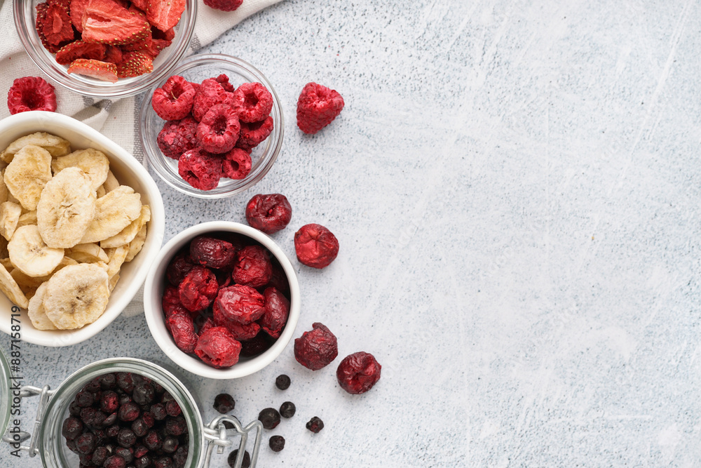 Composition with different freeze-dried fruits on light background Composition with different freeze-dried fruits on light background