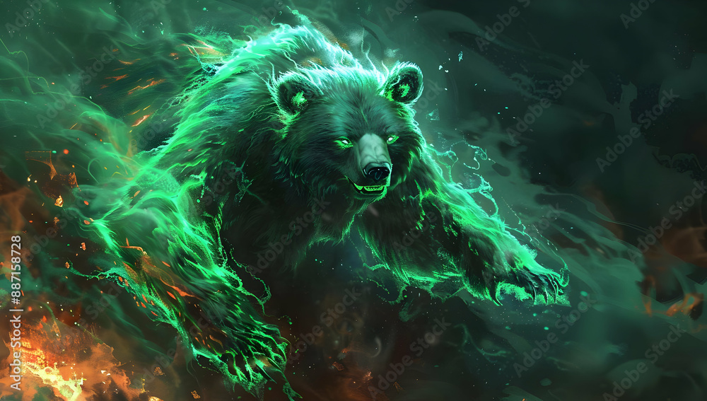 Φωτογραφία Fantasy digital art of a glowing green bear amidst a dark, fiery background, conveying power and mystery