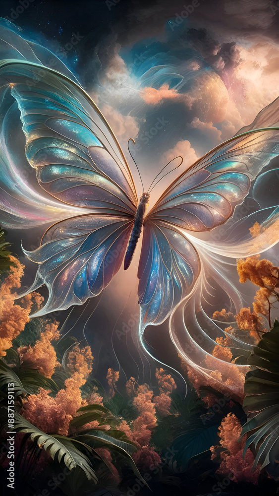 beautiful art with miracle butterfly against cloud background. Digital artwork. close up. Ai genarated
